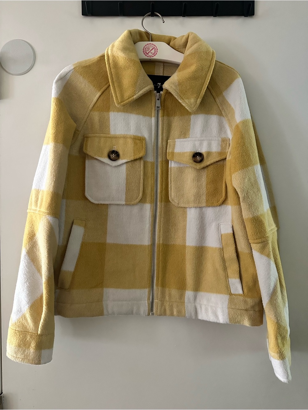7 For All Mankind Yellow and White Plaid Zip Jacket